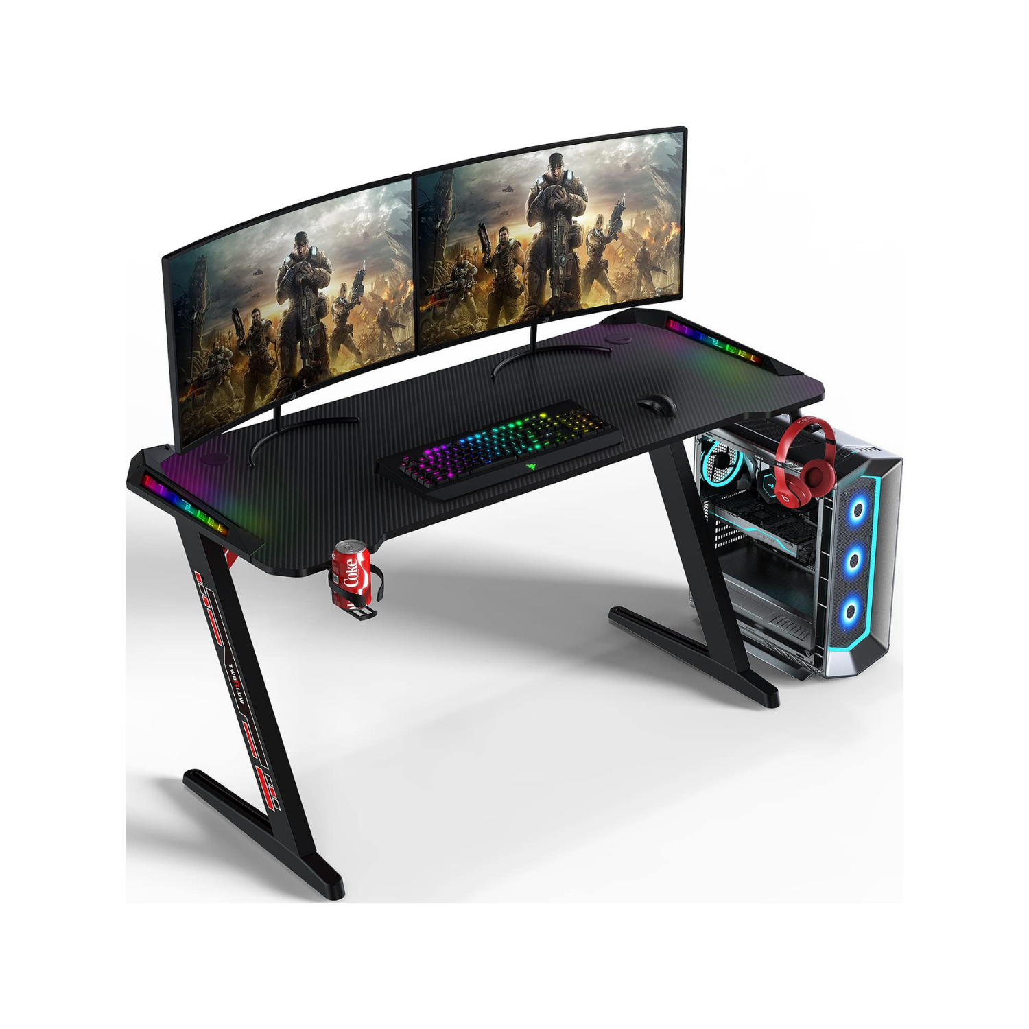 Gaming Desk RGB T418 140X60X75 - Black Cup Holder+Headphone Hook